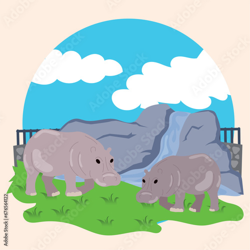 Pair of cute hippos on a zoo Vector