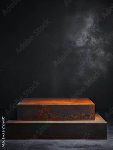 Rusty Iron Minimalistic Product Podium. The Stage for Product Presentation on Black Background. Geometric Platform Pedestal. Ai Generated Vertical Podium Mockup for a Product advertisement.