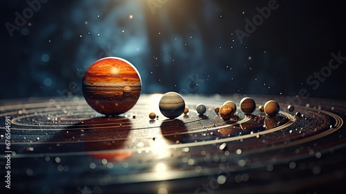  a solar system with eight planets in the middle of it and a star in the middle of the space in the background.  generative ai