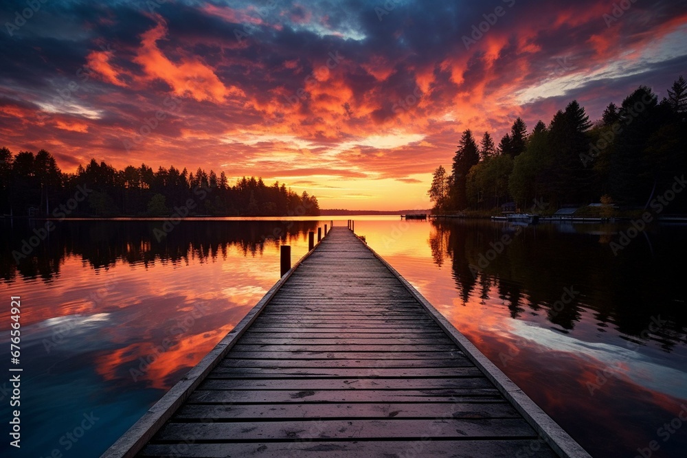 Gorgeous sunset illuminates serene lake, wood pier. Generative AI