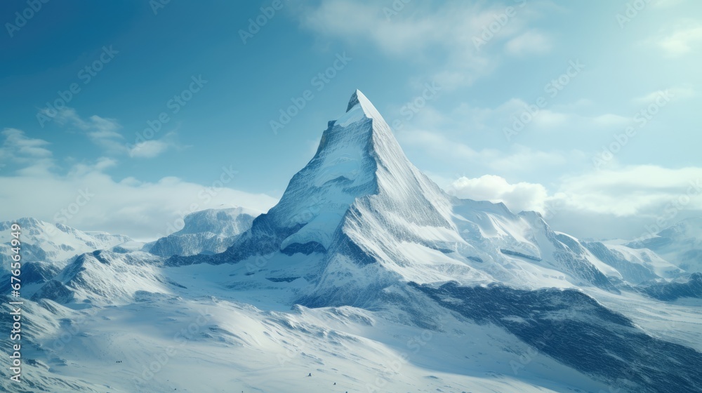  a very tall snow covered mountain in the middle of a blue sky with a few clouds in front of it.  generative ai