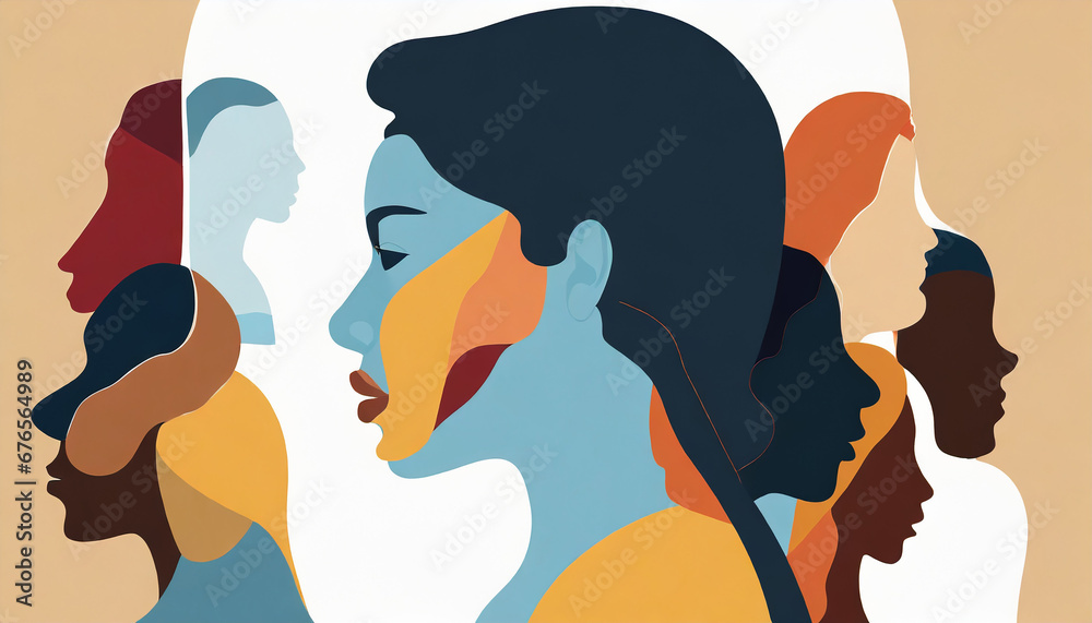 Woman face silhouette in profile with group of multicultural and multiethnic women faces inside.Concept of racial equality anti-racism and a woman who gives voice to other women. Allyship