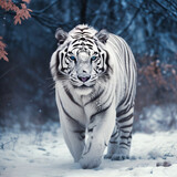 Beautiful white tiger roaming in snow jungle havin,