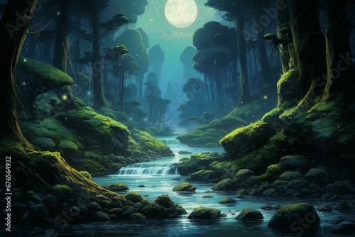 A painted scene of a mossy rock formation in a dim forest with a glowing moon and a flowing stream. Generative AI