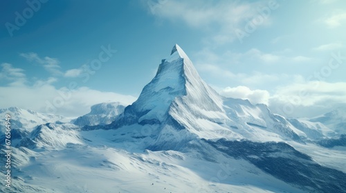  a very tall snow covered mountain in the middle of a blue sky with a few clouds in front of it. generative ai
