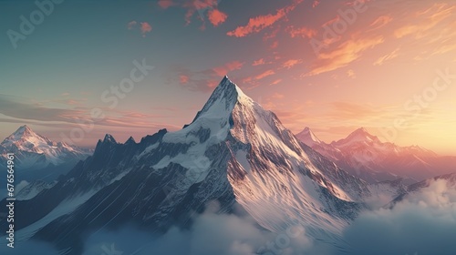  a computer generated image of a mountain peak with clouds in the foreground and a pink sky in the background. generative ai