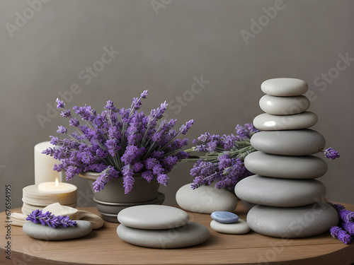 Spa still life with stack of stones  candles and lavender flowers