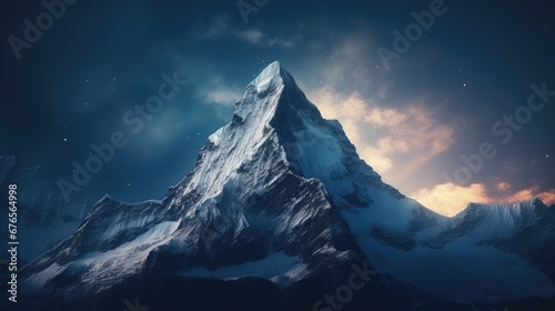  a very tall mountain in the middle of a night sky with a star filled sky above it and clouds in the background.  generative ai photo