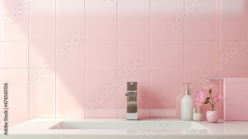  a pink bathroom with a sink, soap dispenser, and a vase of flowers on the counter.  generative ai photo