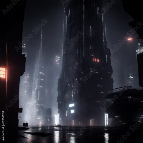 futuristic cyberpunk city with tall dark buildings and moody neon lighting atmosphere created with using GENERATIVE AI technology