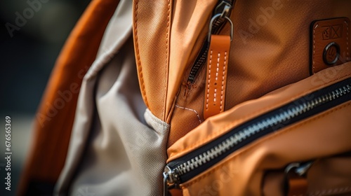 A close up of an orange backpack with zippers, AI photo