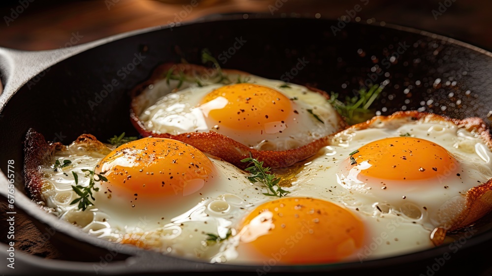 three fried eggs in a frying pan with herbs on the top of the frying pan on a wooden table. generative ai three fried eggs in a frying pan with herbs on the top of the frying pan on a wooden table. generative ai