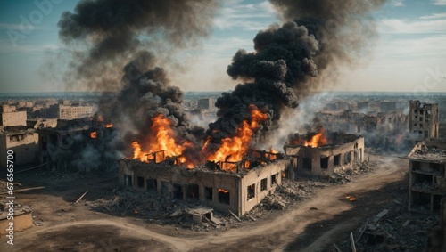 bird's-eye view of burning ruins of deserted destroyed houses in megapolis from bombs or earthquake photo