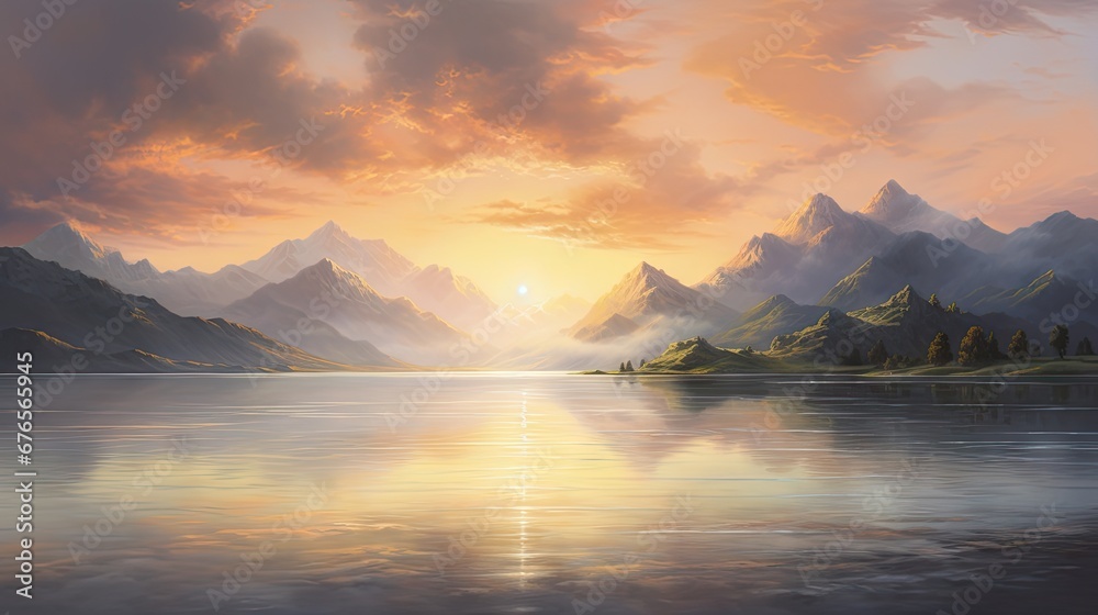  a painting of a mountain range with a lake in the foreground and a setting sun in the middle of the sky.  generative ai