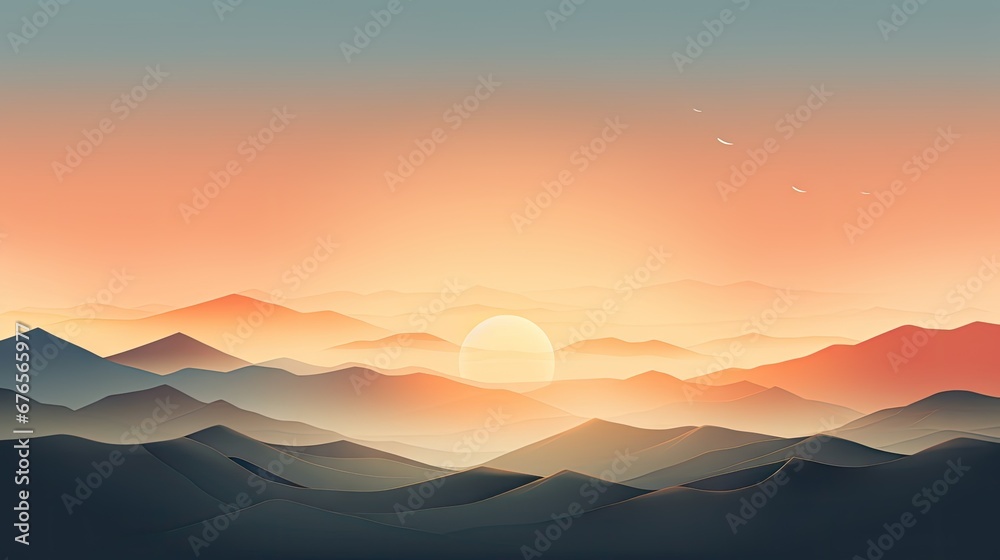  a sunset view of a mountain range with a bird flying over the top of the mountain and the sun in the distance.  generative ai