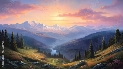  a painting of a beautiful mountain scene with a river in the foreground and a sunset over the mountains in the background. generative ai