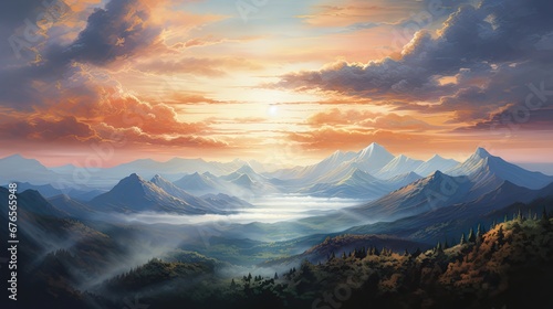  a painting of a sunset over a mountain range with clouds in the sky and a sun setting over the mountains. generative ai