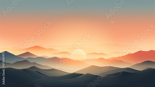  a sunset view of a mountain range with a bird flying over the top of the mountain and the sun in the distance. generative ai