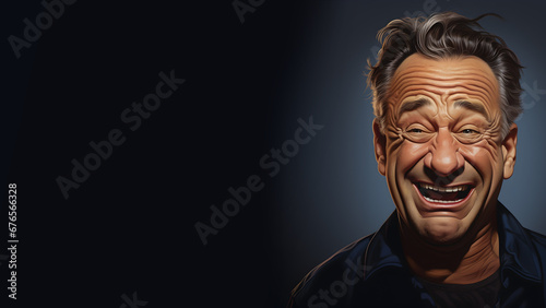 Close up portrait of a mature middle age man having a big smile, 3D style cartoon illustration, isolated on a dark blue background, copy space