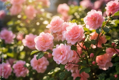 Beautiful blooming rose bush with soft selective focus on blossoms. Captivating natural floral spring background for wallpaper. Generative AI © Mason