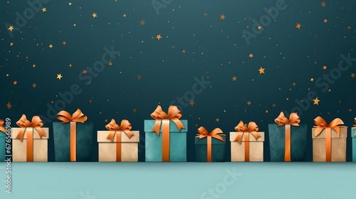 Christmas wrapped gift boxes on blue background, a series of wrapped gifts in generic festive paper