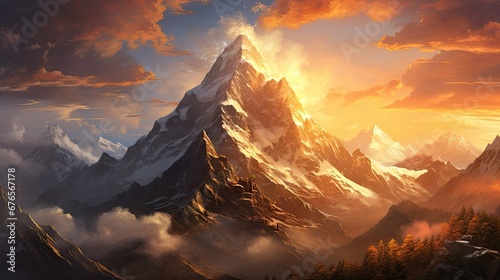  a painting of a mountain range with a sunset in the background and clouds in the foreground, with trees and bushes in the foreground. generative ai