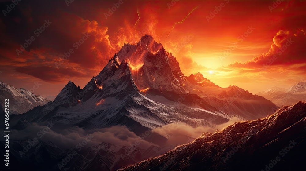  a painting of a mountain with a red sky in the background and a red sun in the middle of the mountain.  generative ai