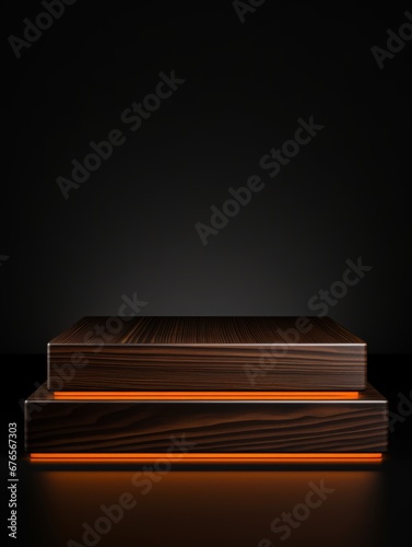 Wooden Ebony Minimalistic Product Podium. The Stage for Product Presentation on Black Background. Geometric Platform Pedestal. Ai Generated Vertical Podium Mockup for a Product advertisement.