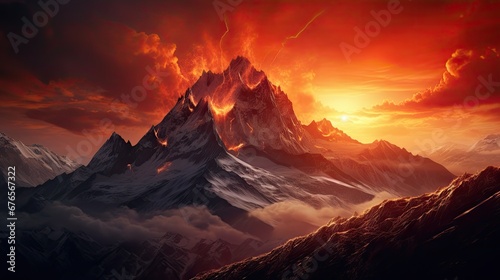  a painting of a mountain with a red sky in the background and a red sun in the middle of the mountain. generative ai
