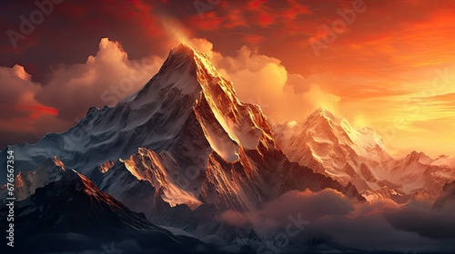  a painting of a mountain range with clouds and a red sky in the background with the sun shining through the clouds. generative ai