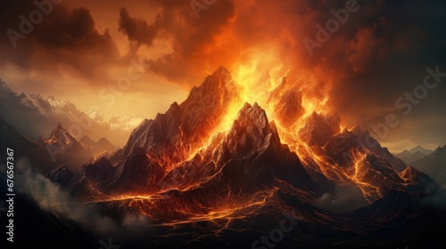  a painting of a mountain on fire with a sky filled with clouds and a mountain range in the foreground. generative ai