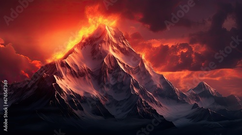  a painting of a mountain with a red sky in the background and clouds in the foreground as the sun sets. generative ai