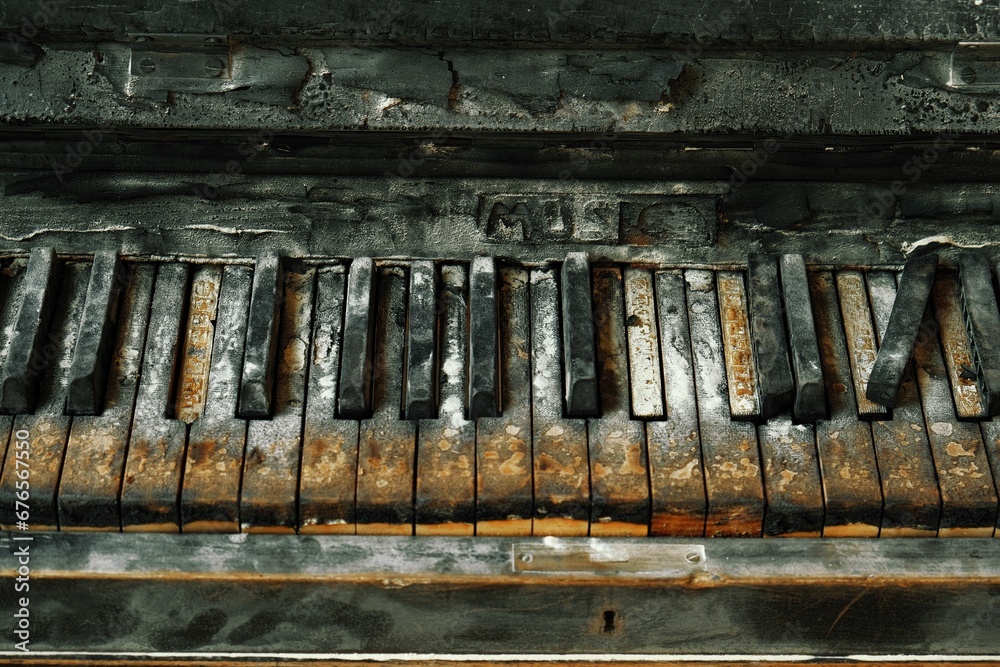 Top view of an old burnt piano