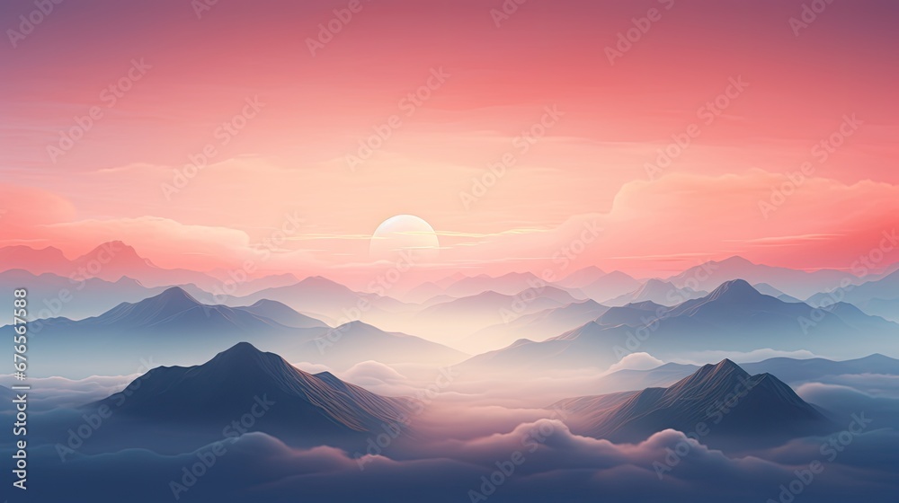  a painting of a sunset over a mountain range with clouds and mountains in the foreground and the sun in the distance.  generative ai