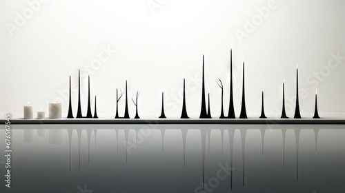  a row of candles sitting next to each other on top of a table next to a row of tall poles.  generative ai