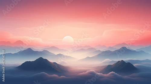  a painting of a sunset over a mountain range with clouds and mountains in the foreground and the sun in the distance.  generative ai