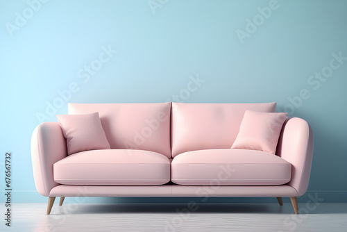 cozy pastel pink sofa on pastel blue background minimalism