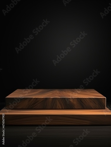 Wooden Walnut Minimalistic Product Podium. The Stage for Product Presentation on Black Background. Geometric Platform Pedestal. Ai Generated Vertical Podium Mockup for a Product advertisement.
