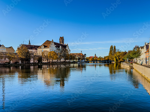Town in early morning during autumn. Landshut Germany.