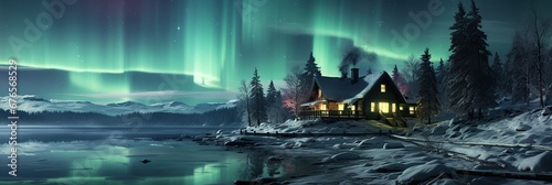Polar Lights  and Santa house in forest landscape, banner photo
