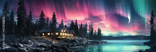 Winter polar lights over Santa house  photo