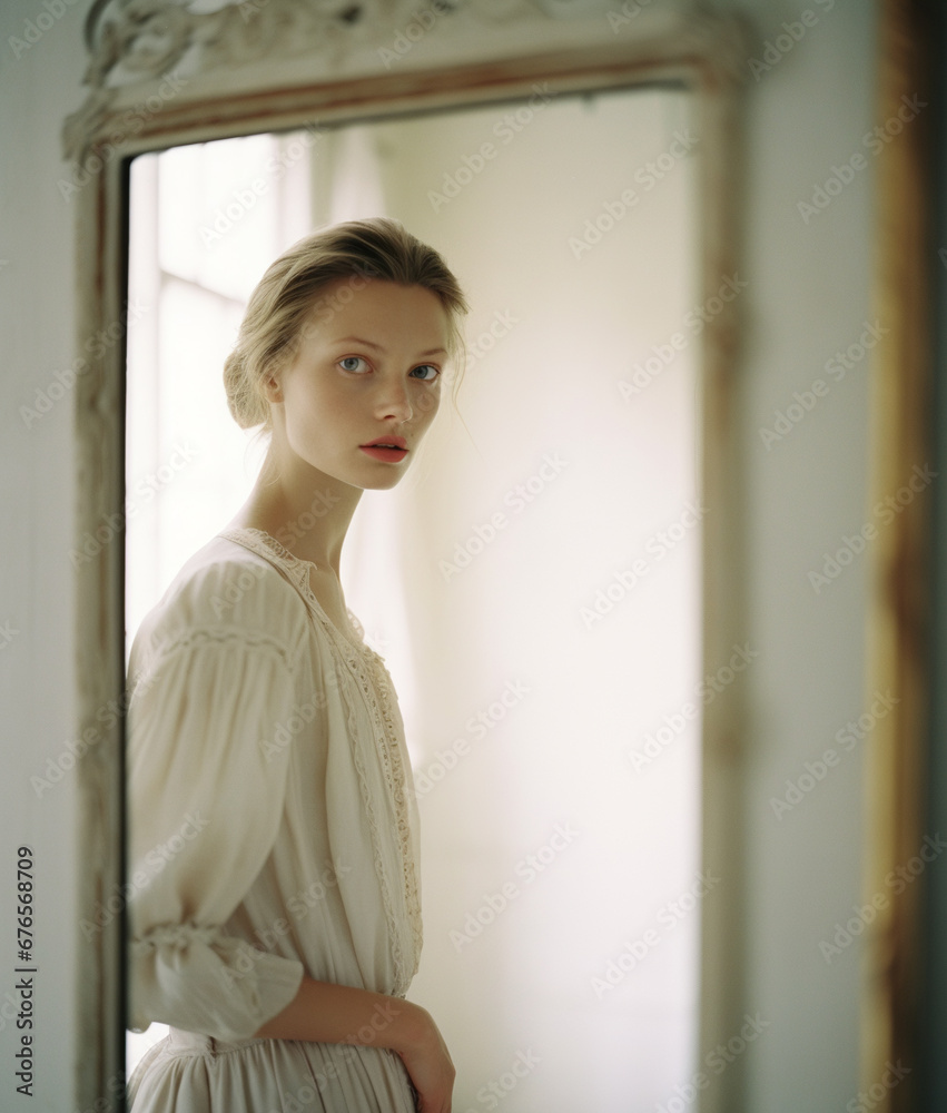 Beautiful young woman looking at the mirror
