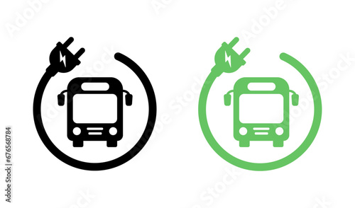 Green Electric Bus with plug. Electric Vehicle Silhouette Green Icon. Eco-friendly Auto Vehicle. EV icon. Vector Stock Illustration.