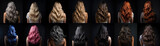 Wavy hair haircut for woman with different hair colour. View from behind on black background. Generative AI