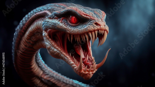 Snake fantasy monster with red eyes and sharp teeth photo