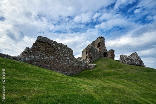 Aerial view of castle ruins in Scotland