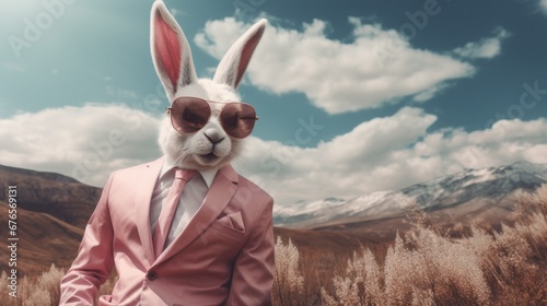 A rabbit wearing a suit and sunglasses in a field. Generative AI.