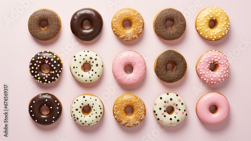  a group of doughnuts sitting on top of a pink table next to each other on a pink surface.  generative ai