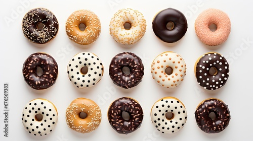  a bunch of doughnuts that are sitting in a row on a white surface and one has a chocolate frosting and the other has sprinkles. generative ai
