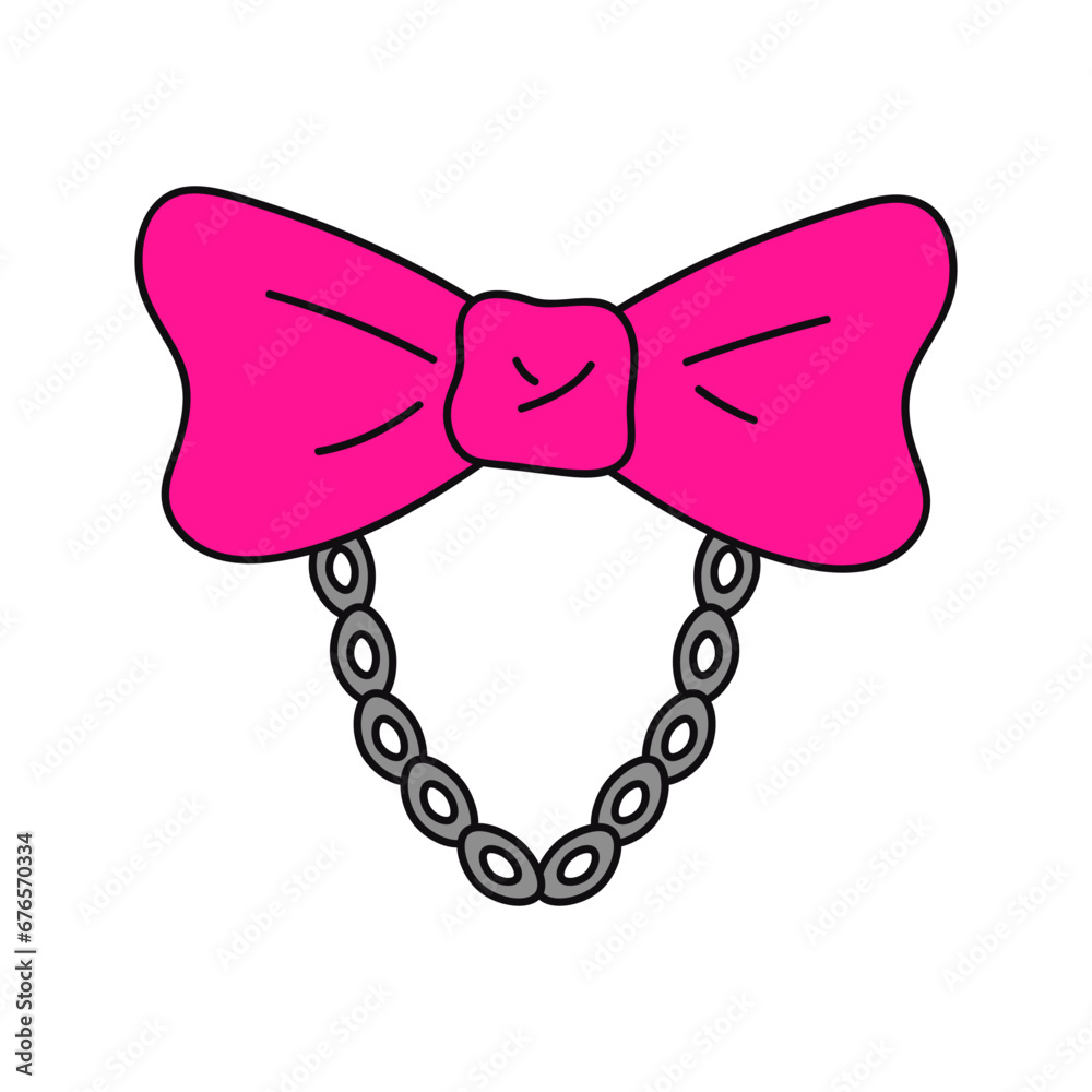 Fototapeta premium Emo pink bow with chain. Y2k style. Black subculture. Vector flat illustration isolated on white background.